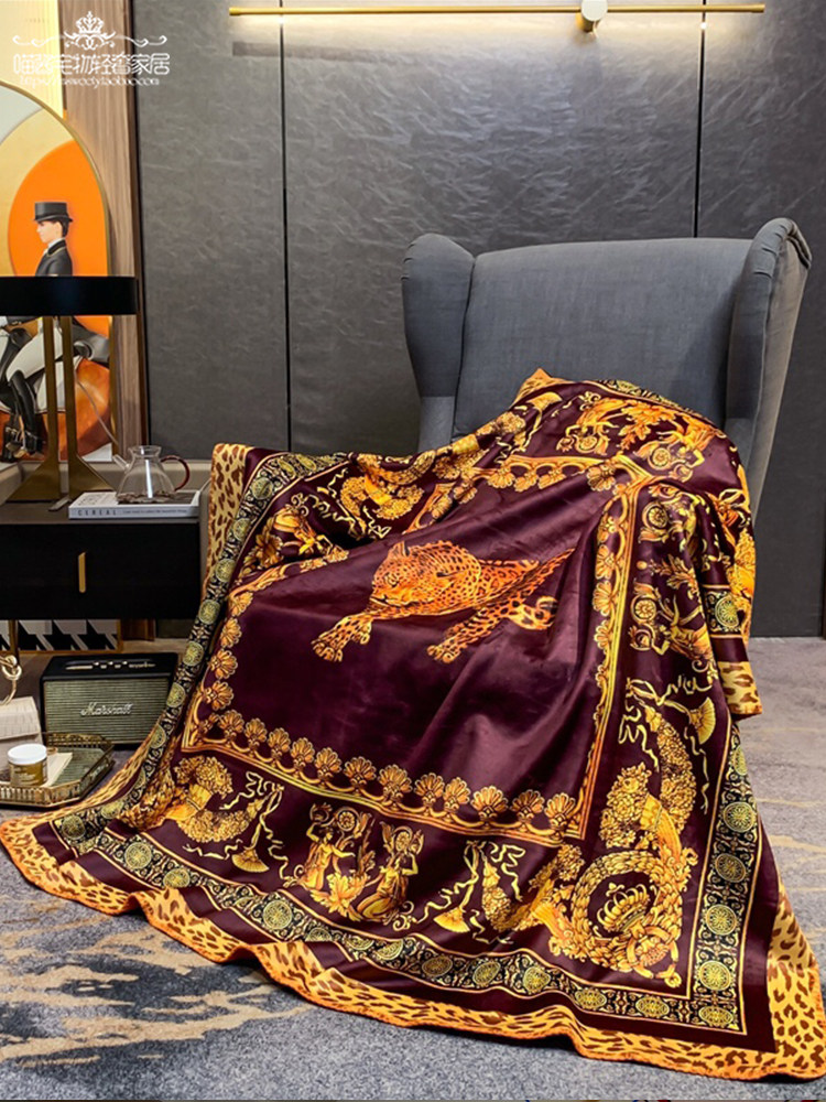유럽의 고급 표범 궁전 인쇄 브로케이드 폭스 벨벳 싱글 및 더블 담요 모델 룸 빌라 장식 소파 담요