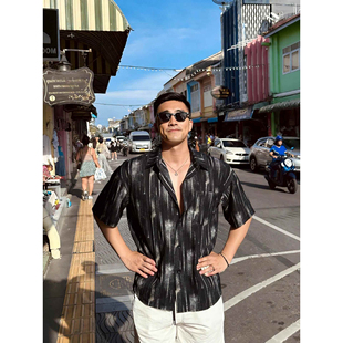 潮牌夏季 美式 扎染泼墨涂鸦衬衫 男加大码 衬衣度假外套 痞帅翻领短袖