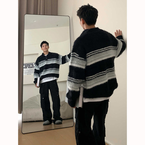 美式潮牌马海毛POLO领条纹毛衣