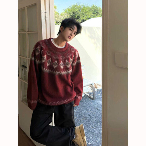 红色费尔岛圣诞提花毛衣男冬季