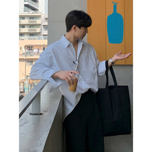 春秋复古竖条纹翻领长袖衬衫男高级感百搭帅气宽松衬衣设计感外套