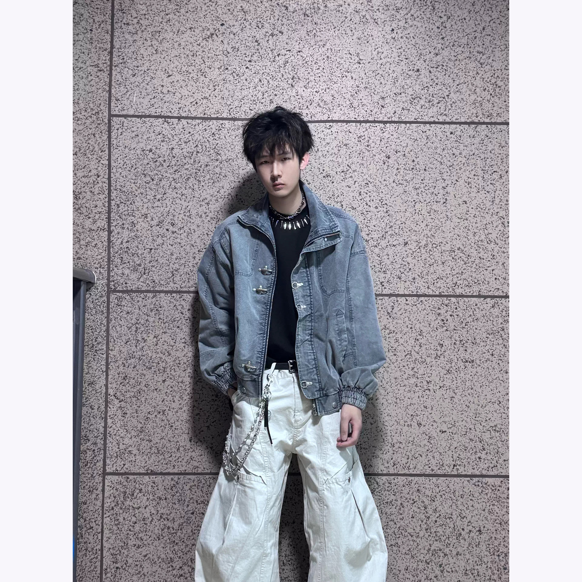 美式高街工装金属扣牛仔夹克图片