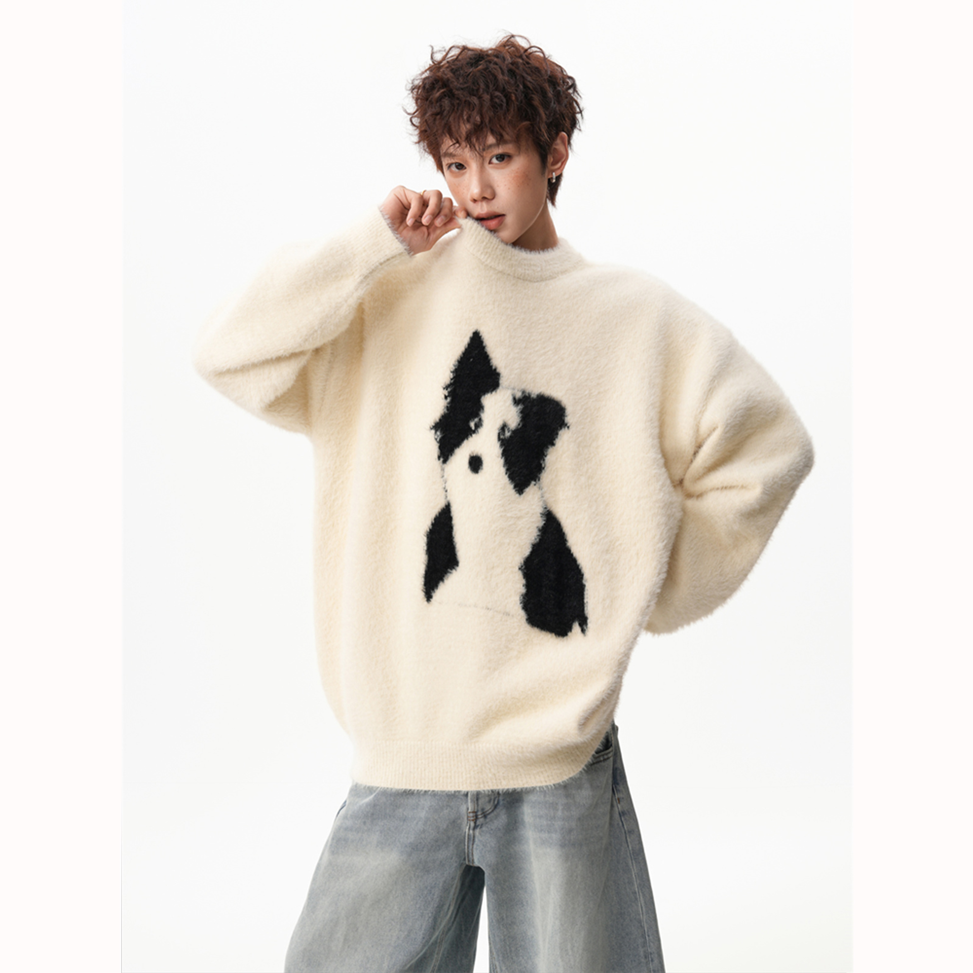 美式马海毛小狗提花圆领毛衣