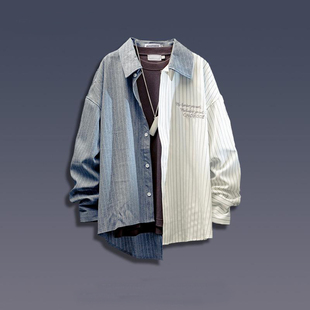 条纹衬衫 高街不对称长袖 男帅气百搭学院风衬衣男宽松外套 美式 秋季