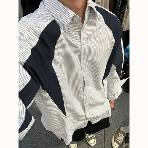 美式解构撞色拼接条纹长袖衬衫