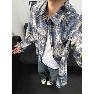 春夏长袖 美式 衬衣外套学院风叠穿上衣潮 男款 vintage扎染格子衬衫