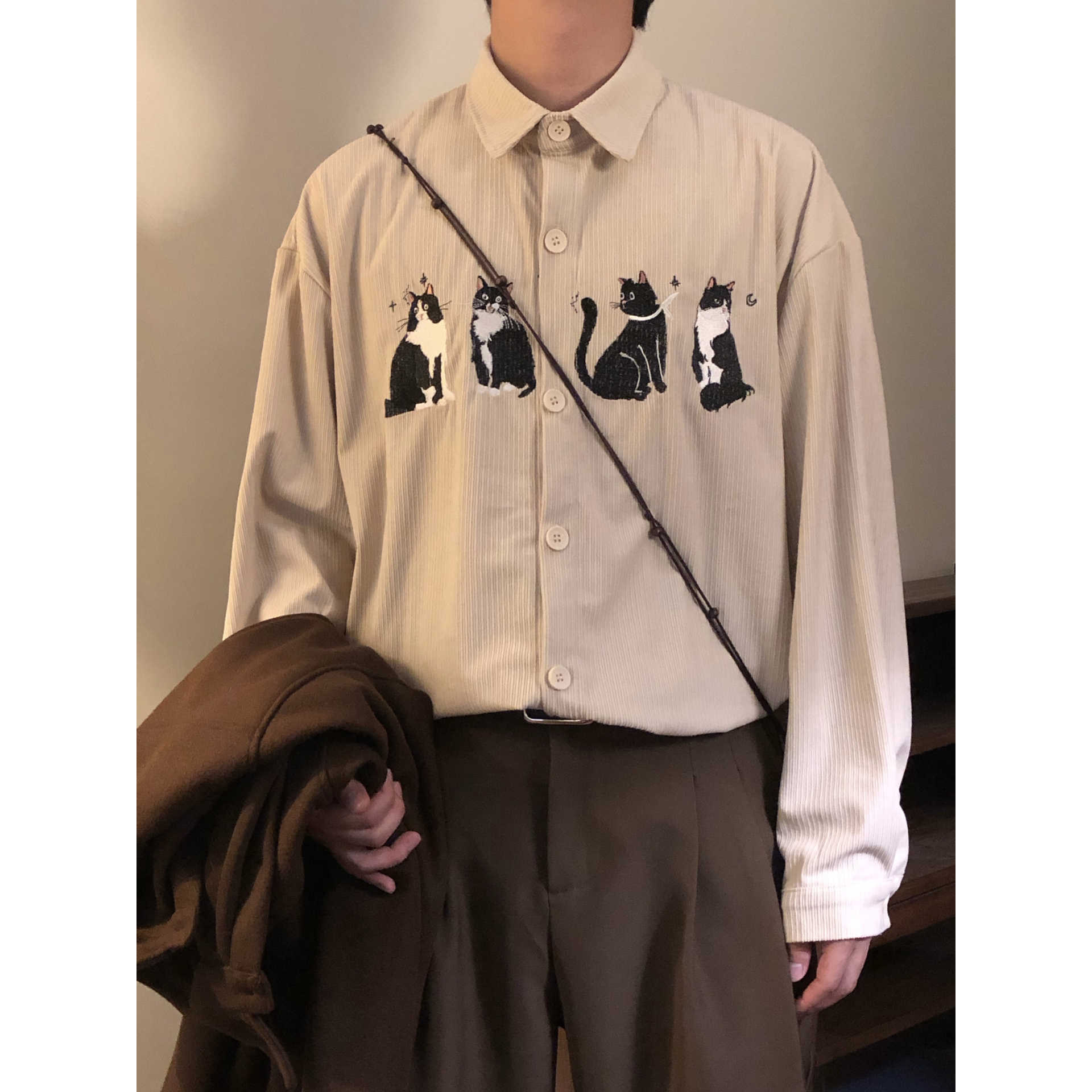 春秋美式复古趣味刺绣灯芯绒宽松休闲长袖衬衫男女百搭衬衣外套潮,男装,衬衫,淘宝优惠券,粉丝福利购,淘宝优惠卷