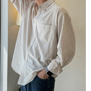 春秋季条纹长袖衬衫男韩版寸衫港风日系休闲衬衣宽松帅气外套潮牌