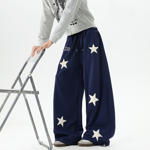 hiphop运动裤 男女秋冬潮牌青少年阔腿长裤 子 宽松高街星星卫裤 美式