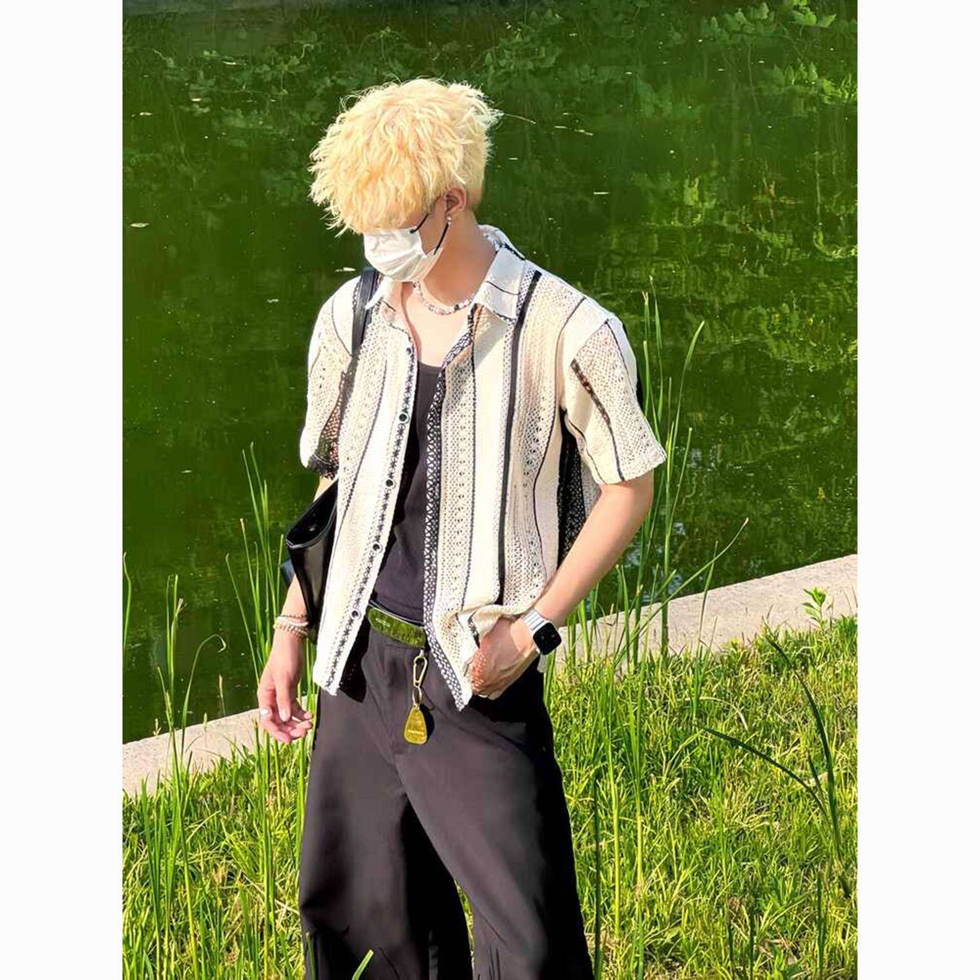 夏季休闲度假镂空条纹短袖衬衫男薄款透视设计感上衣撞色开衫衬衣