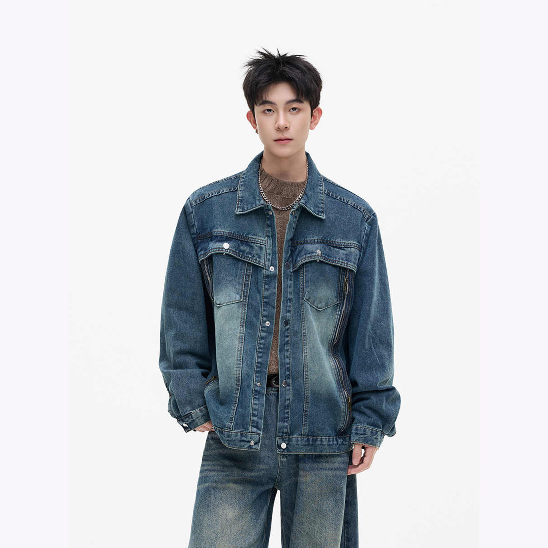 美式解构复古蓝色工装牛仔外套男秋季设计感短款宽松牛仔衣夹克潮