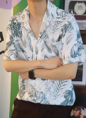 度假港风复古印花短袖宽松衬衫男