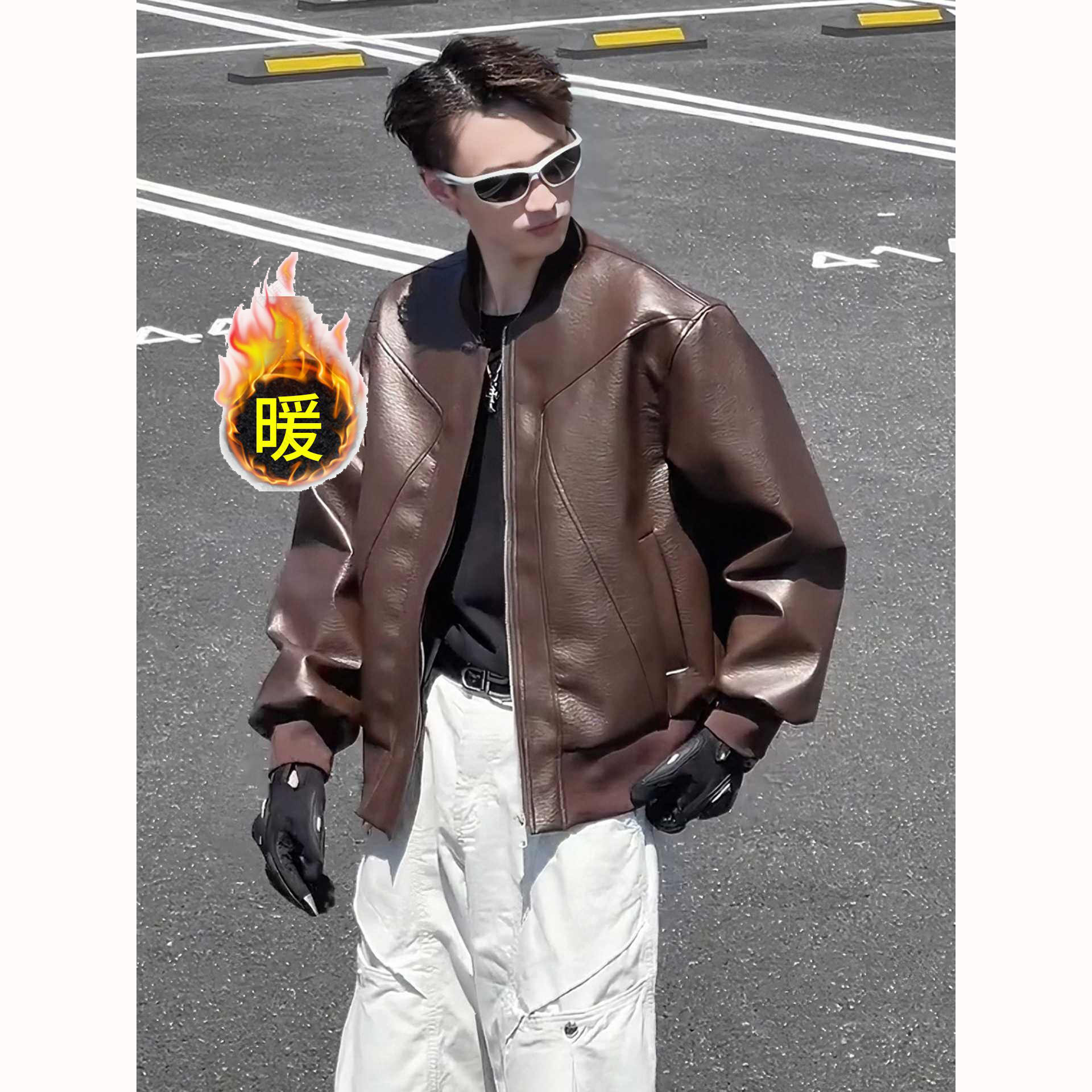 美拉德加绒加厚PU皮衣外套男