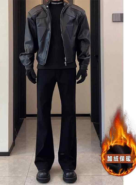 秋冬巴黎bootcut黑色弯刀微喇西裤男加绒加厚美式vibe修身直筒裤
