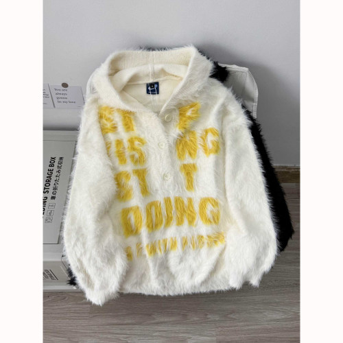 美式复古软糯水貂毛连帽毛衣