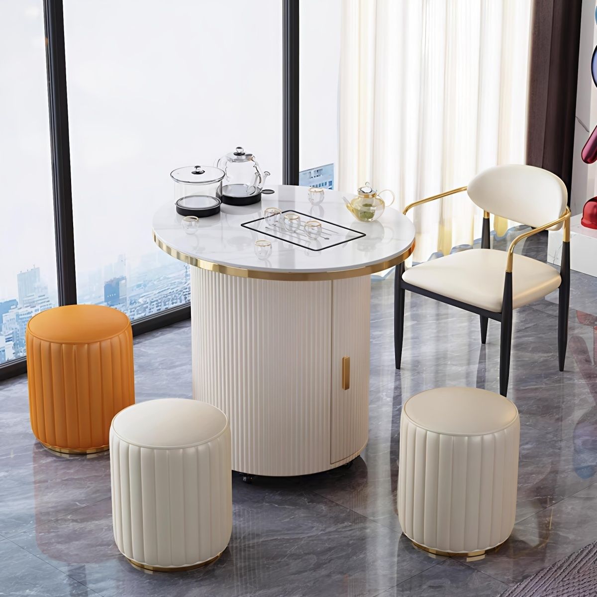 圆形现代简约家用小户型办公室泡茶桌椅组合茶桌烧水壶阳台小茶桌