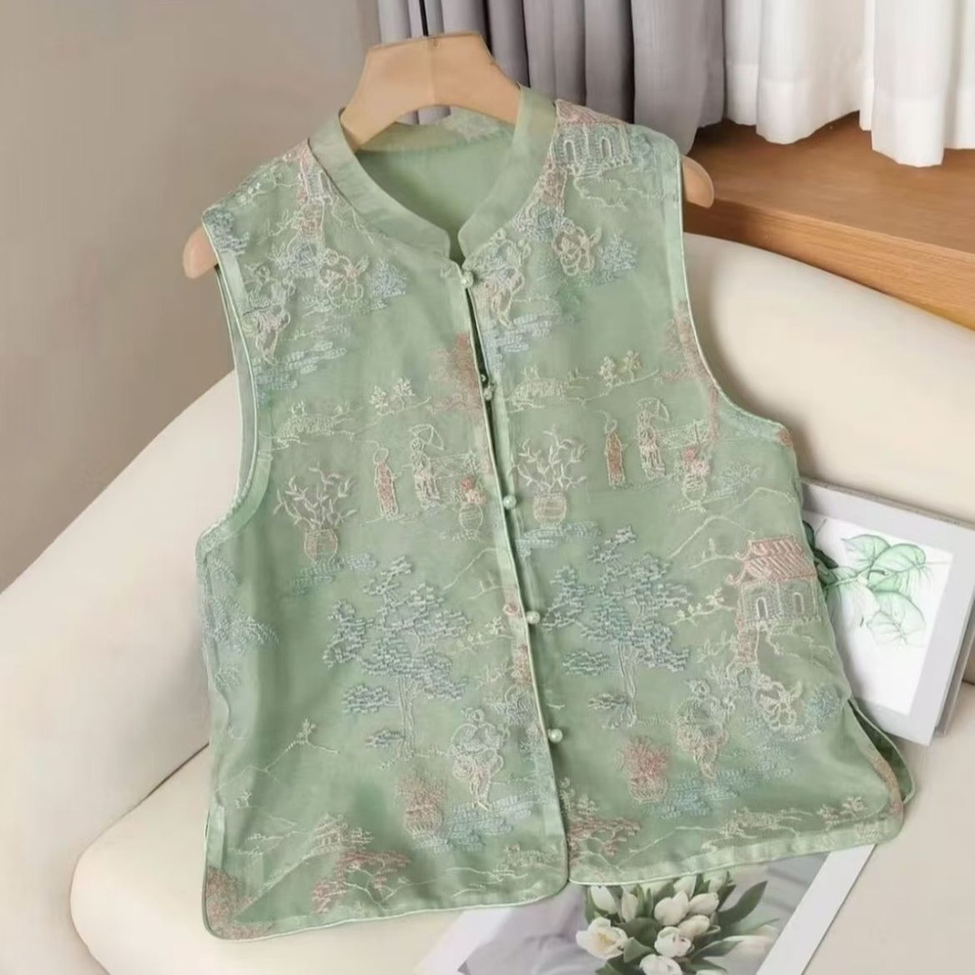 (亭台楼阁)新中式马夹中国风提花绣花百搭立领夏天宽松气质国风