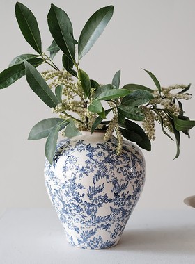 久伴轻奢复古青花瓷陶瓷花瓶水养鲜花插花冰裂纹客厅桌面高级蓝色