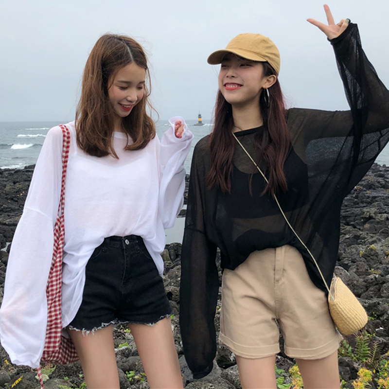 Summer sunscreen thin blouse women's Pullover medium length super fairy long sleeve loose and slightly permeable top air conditioning smock
