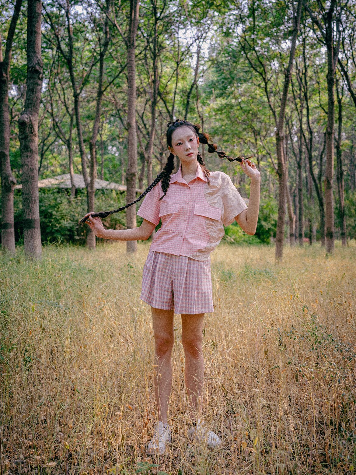 Fencili 粉格撞色拼接甜美鬼马少女设计感短袖百搭可爱衬衫上衣