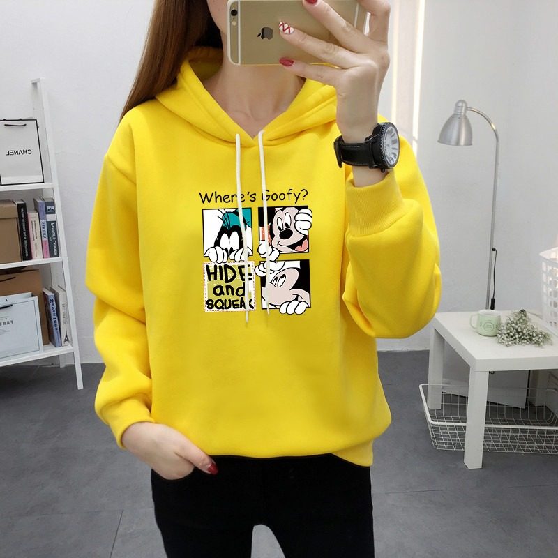 冬天加绒加厚卫衣女连帽秋季新款宽松上衣服时尚卡通显瘦外套潮流