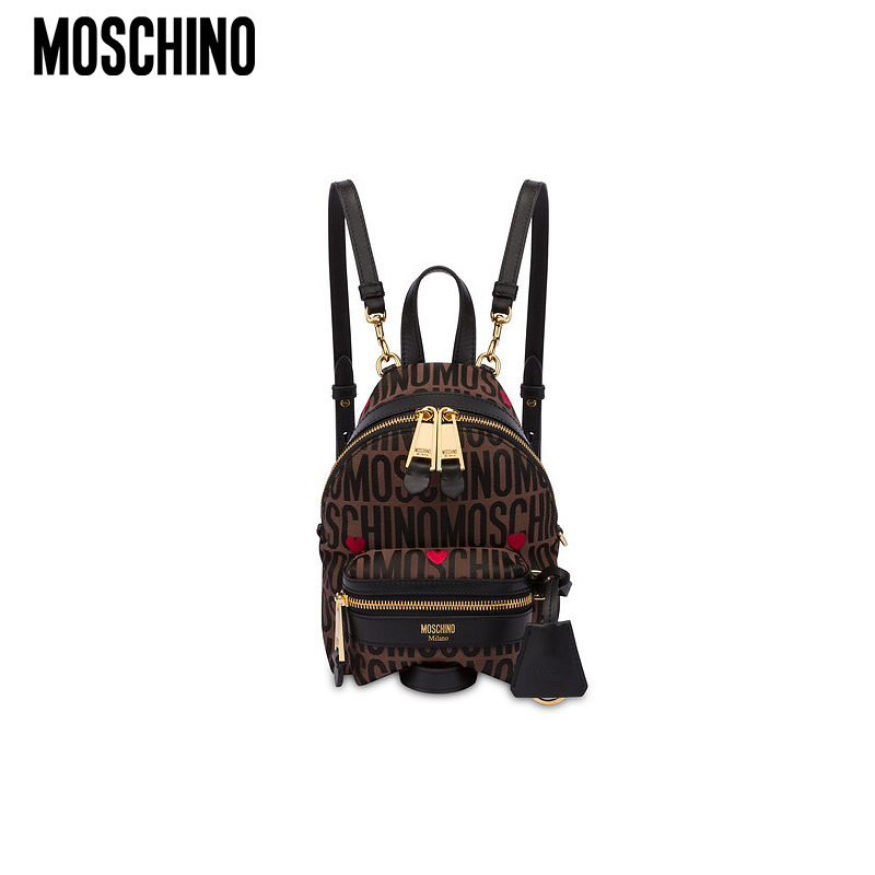 Moschino/莫斯奇诺  女士心形刺绣Allover Logo徽标双肩包