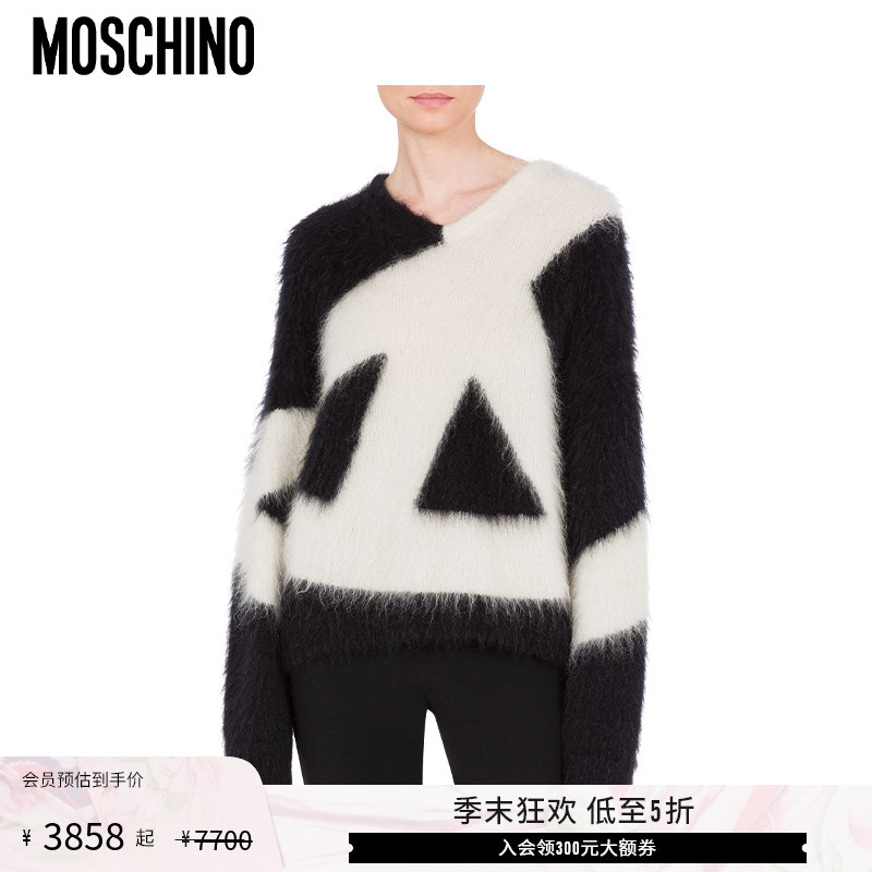 【低至5折】Moschino/莫斯奇诺女士复古印花拉绒马海毛套头针织衫