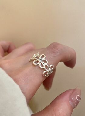 银色简约镂空花朵开口食指戒