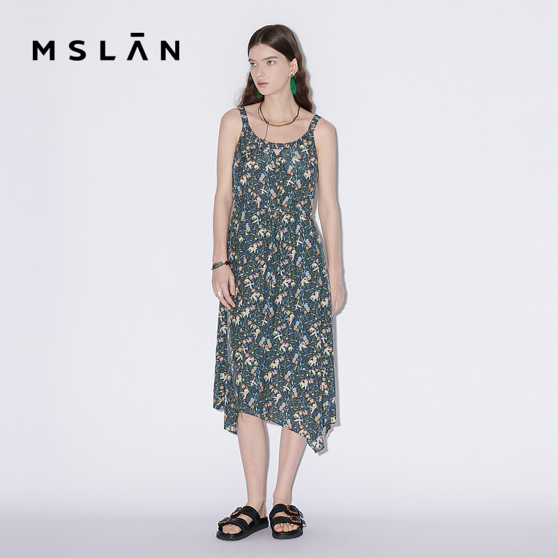 MSLAN【商场同款】23夏新款满版印花长款吊带连衣裙MFBA4116_虎窝淘