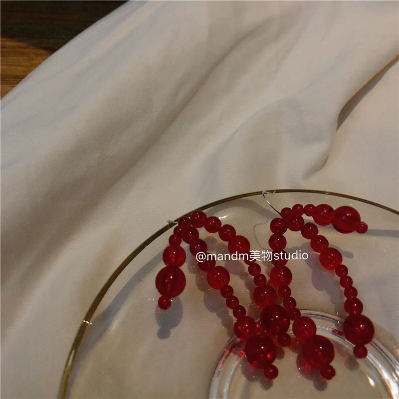 小众少女风红色玻璃透明无洞耳夹