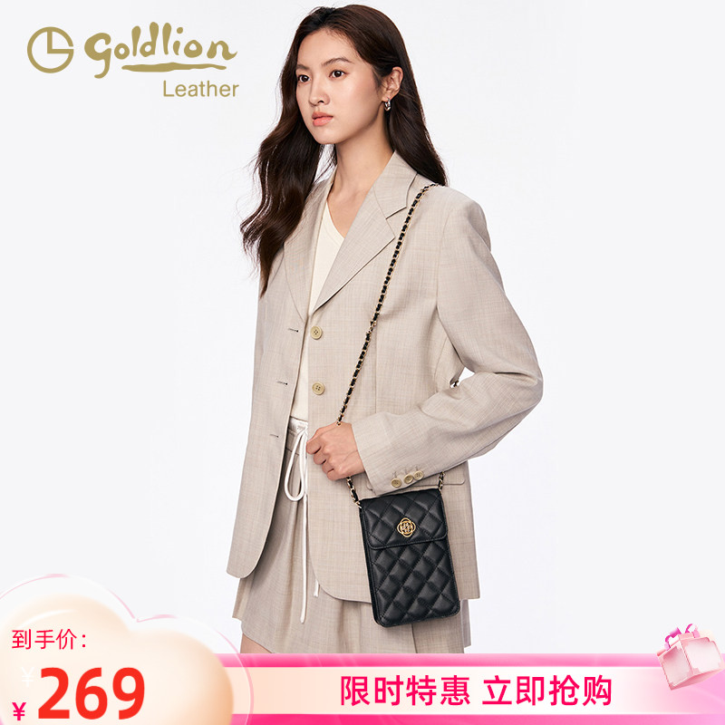金利来时尚真皮女包2026新款单肩斜挎手机包黑色菱格小香风链条包