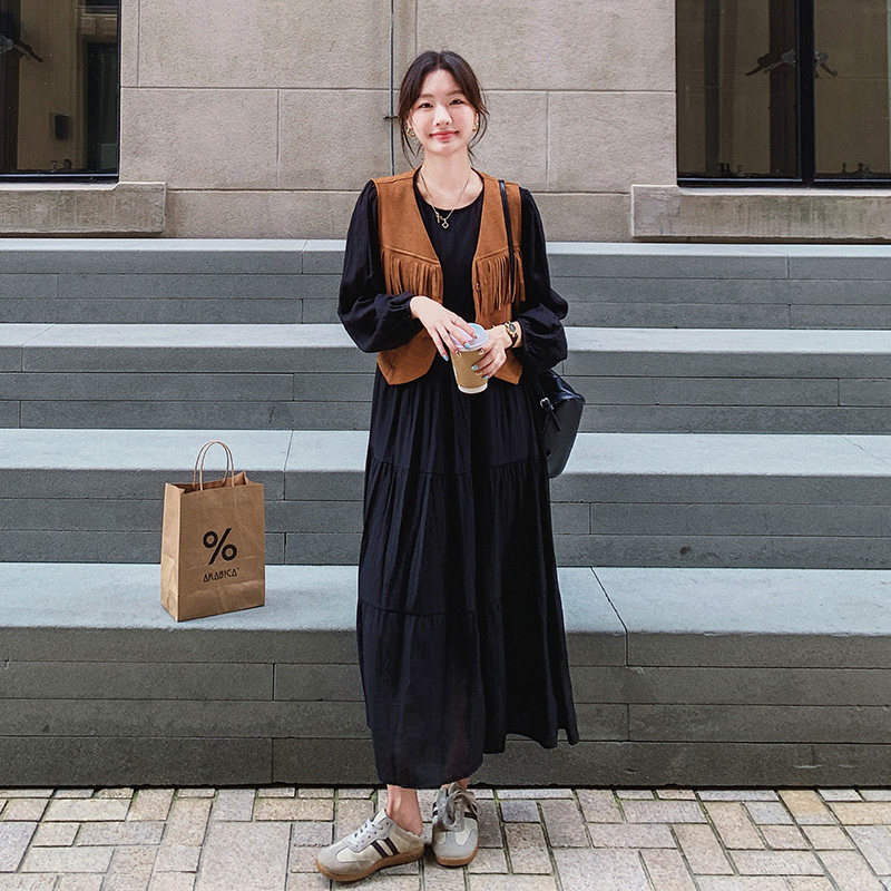 韩系时尚美拉德风流苏马甲套装女2025春秋季新款显瘦连衣裙两件套,女装连衣裙,2C293