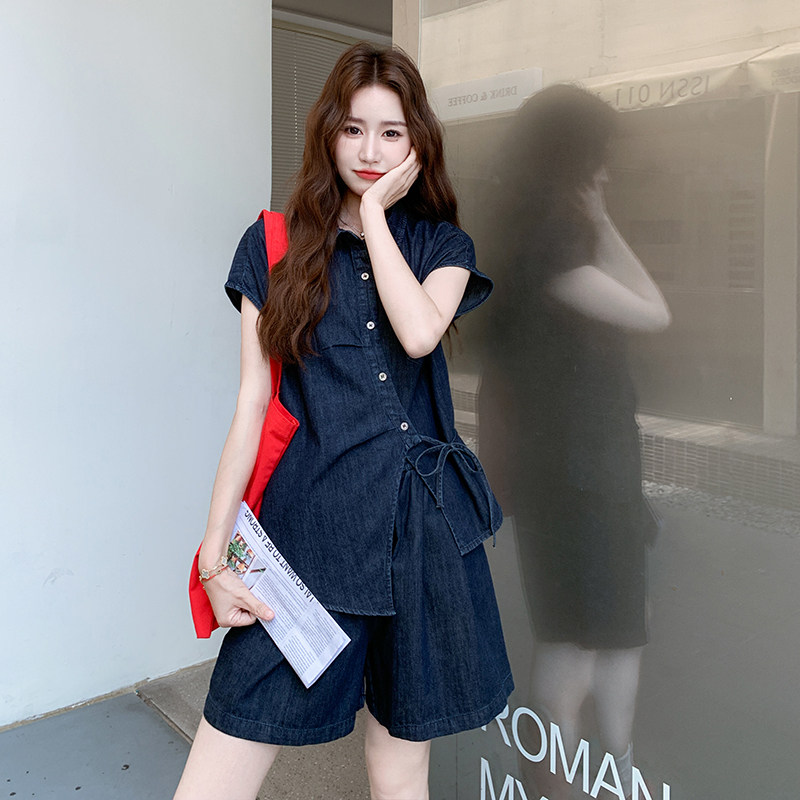 深蓝色复古清冷感牛仔套装2025新款女夏爆款高级感衬衫短裤两件套,女装套装/套裙,2C293