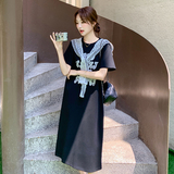 法式拼接长裙T恤裙夏季连衣裙宽松辣妈减龄大码时尚，女装连衣裙，2C293