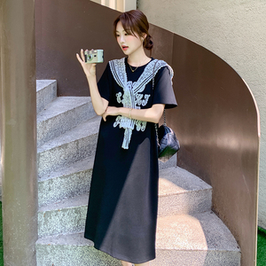 法式拼接长裙T恤裙夏季连衣裙宽松辣妈减龄大码时尚图片