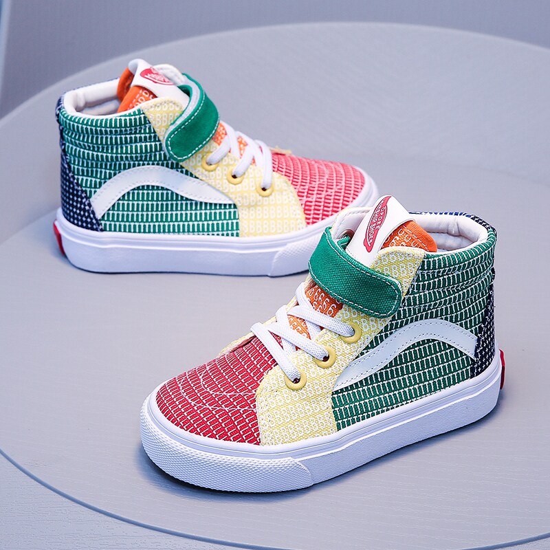 儿童帆布鞋2025年春秋款糖果色韩版休闲高帮魔术贴拼色男童女童鞋