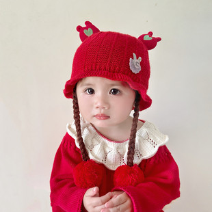 婴儿帽子秋冬季女宝宝可爱超萌韩系假发辫子针织保暖防风毛线帽冬