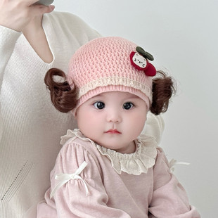 婴儿帽子秋冬新款可爱公主假发辫子毛线帽婴幼儿女宝宝针织套头帽