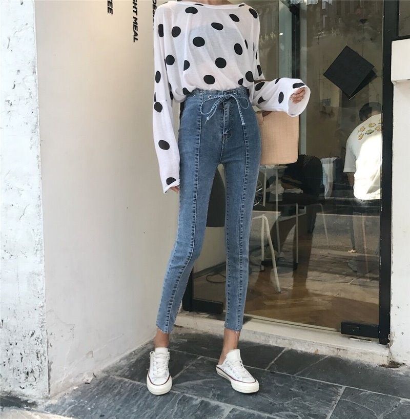 韓版氣質高腰抽繩系繩顯瘦九分牛仔褲女早秋新款修身鉛筆褲小新潮在類目 女裝/女士精品, 牛仔褲中 - 來自Buy2taobao.com提供專業的淘寶代購服務