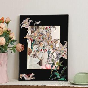 百合花卉镜子画抽象中古客厅摆画卧室玄关挂画小众艺术镜面装饰画