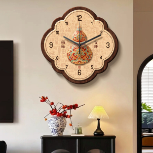葫芦中古风挂钟装饰画新中式客厅电视背景墙挂画高级时钟钟表挂墙