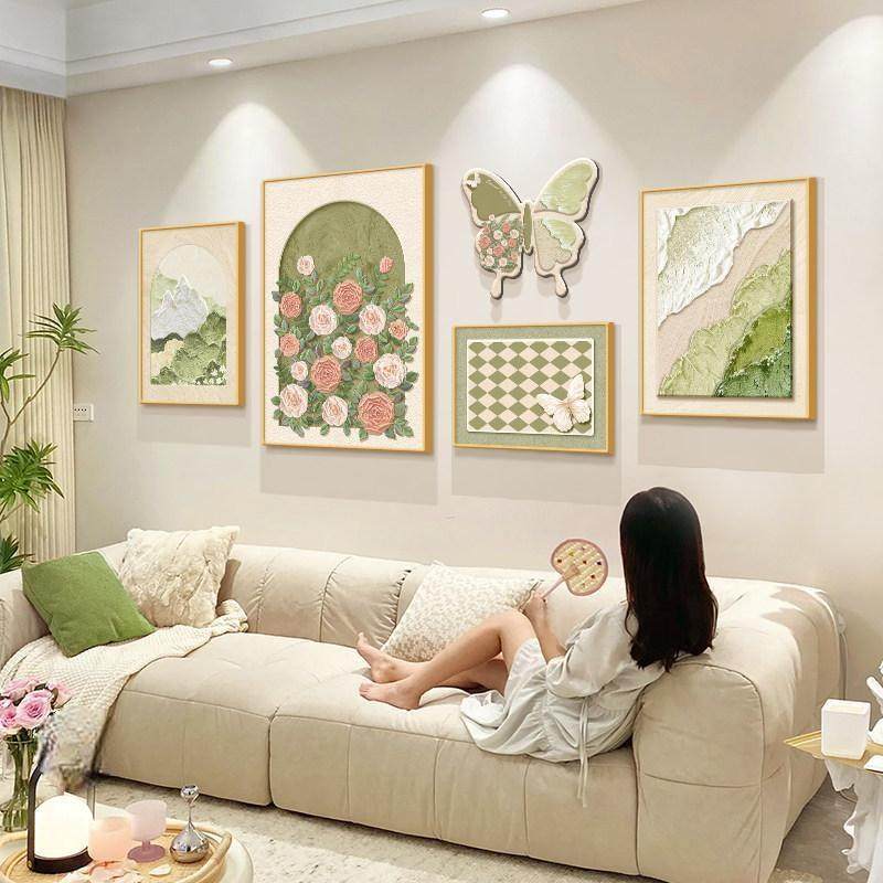 奶油风玫瑰客厅装饰画2026新款组合壁画简约高级感沙发背景墙挂画