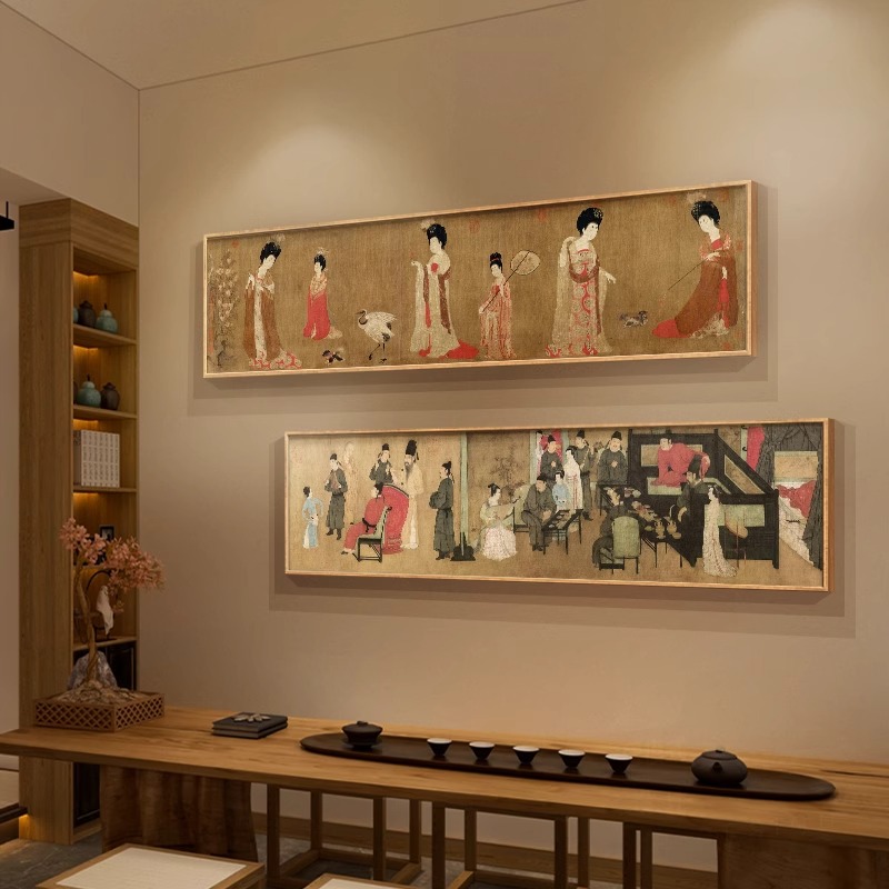 唐代簪花仕女图新中式茶室装饰画美学国画客厅横幅壁画复古风挂画