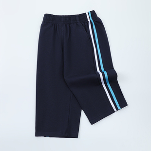 儿童七分裤深蓝色男童女童白蓝二道杠运动裤中大童小学生校服裤子
