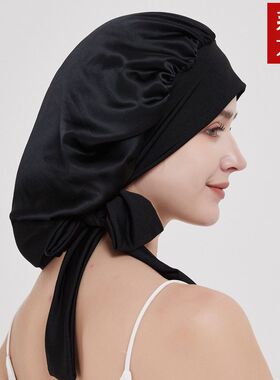 新品 100桑蚕丝素绉缎护发宽边系带可调节弹力松紧大号真丝睡帽女