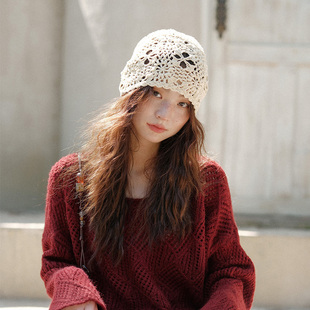 波西米亚针织镂空包头帽女夏薄款大头围显脸小文艺百搭堆堆帽子