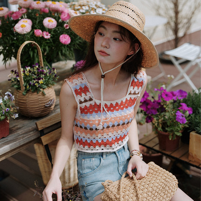 度假风撞色条纹外穿吊带背心女夏季海边沙滩镂空设计感短款上衣