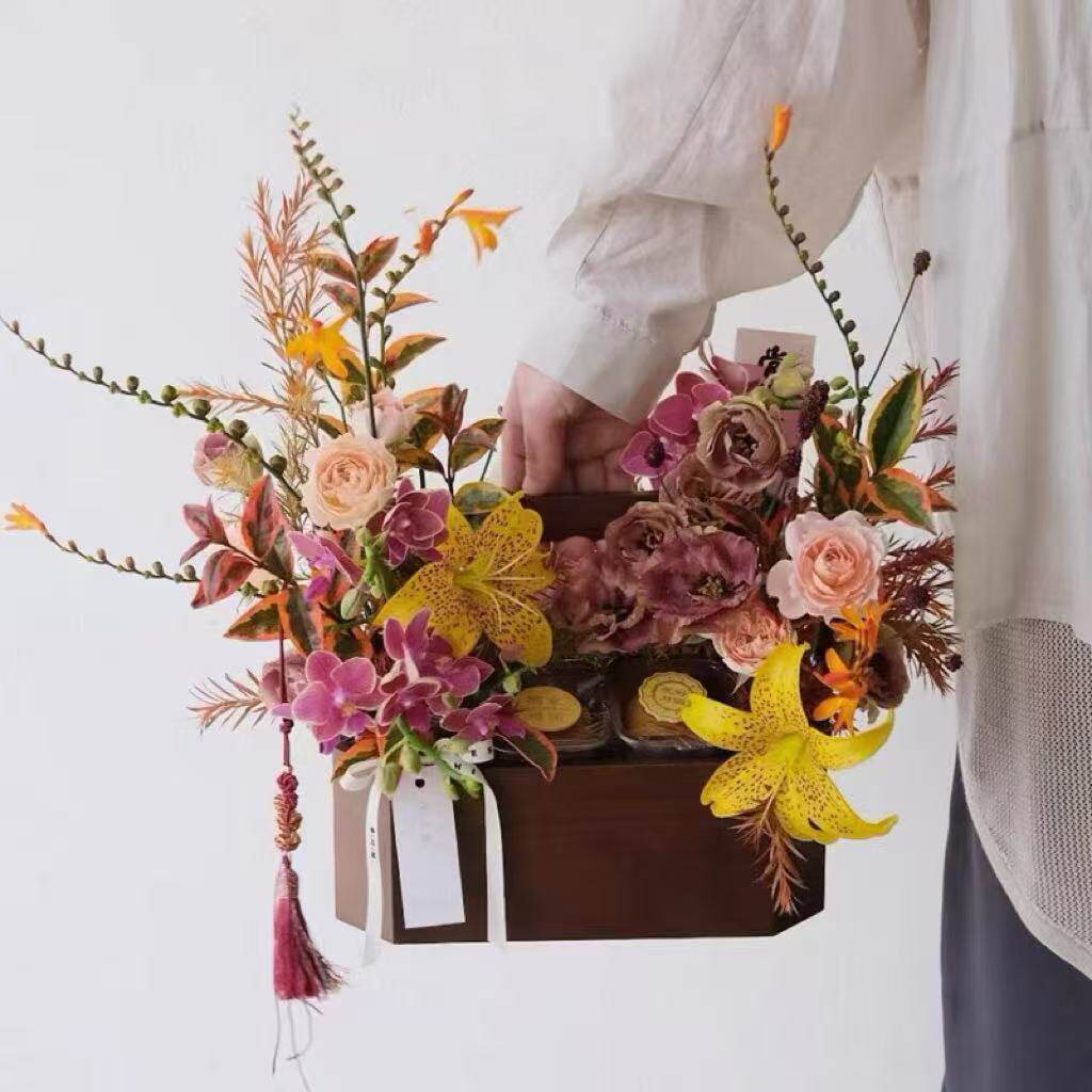 中秋节中式月饼花盒木制手提盒高端花艺鲜花水果礼盒手工diy材料