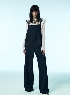 uhot诱货/蓝色刺绣直筒慵懒阔腿牛仔背带裤宽松复古简约UWWA2L402