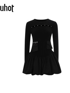 uhot诱货 UWWA3L282 黑色镂空穿珠针织拼接连衣裙简约优雅25冬新款